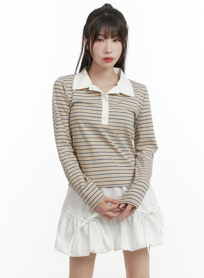 striped-buttoned-collar-long-sleeve-cy407 / Beige