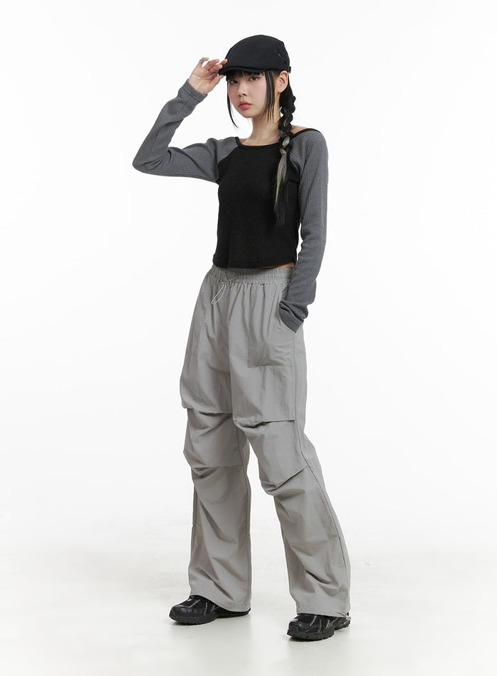 banding-waist-nylon-wide-trousers-om426 / Light gray