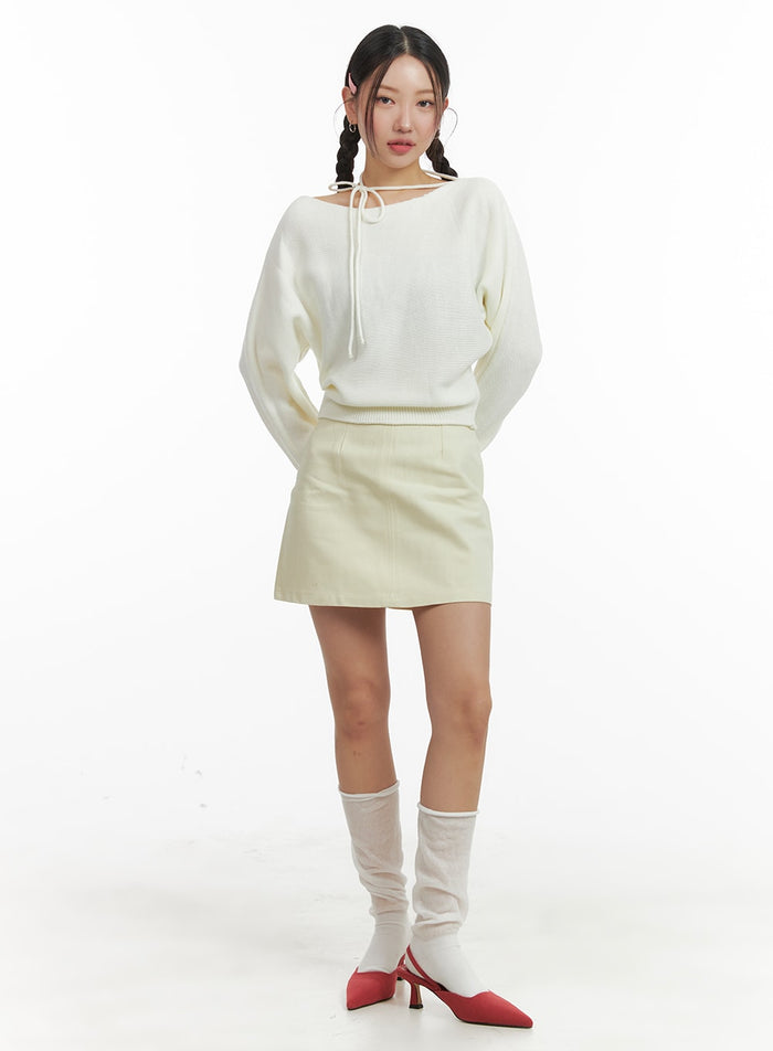 cotton-solid-mini-skirt-om429 / Light yellow