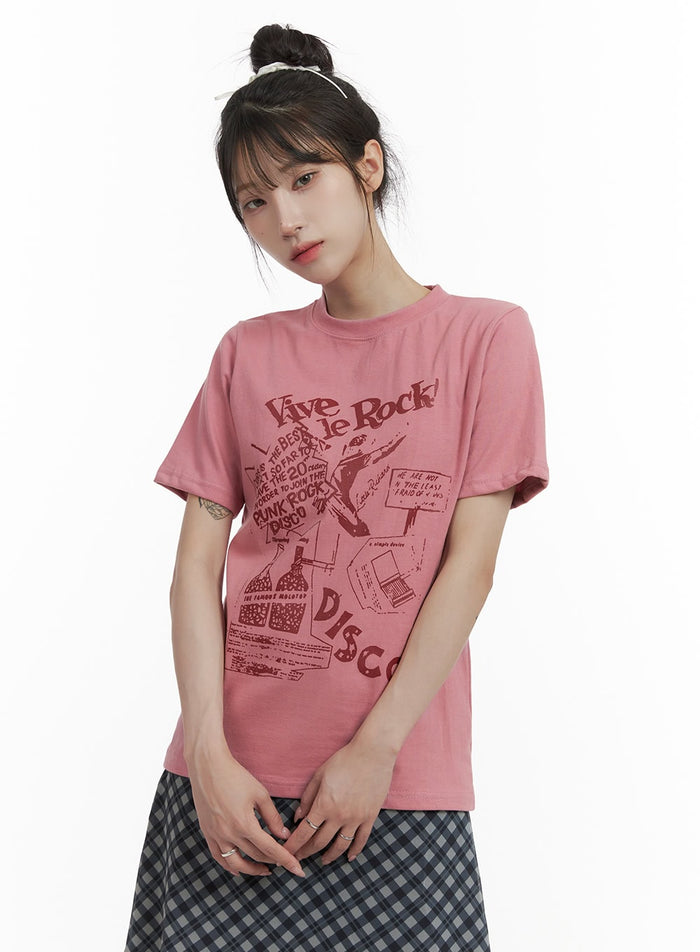 loose-fit-graphic-lettering-t-shirt-oa426 / Pink