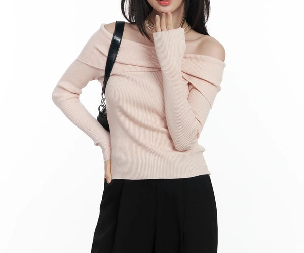 Ribbon Off-Shoulder Knit Long Sleeve Top IF520 - Feminine style