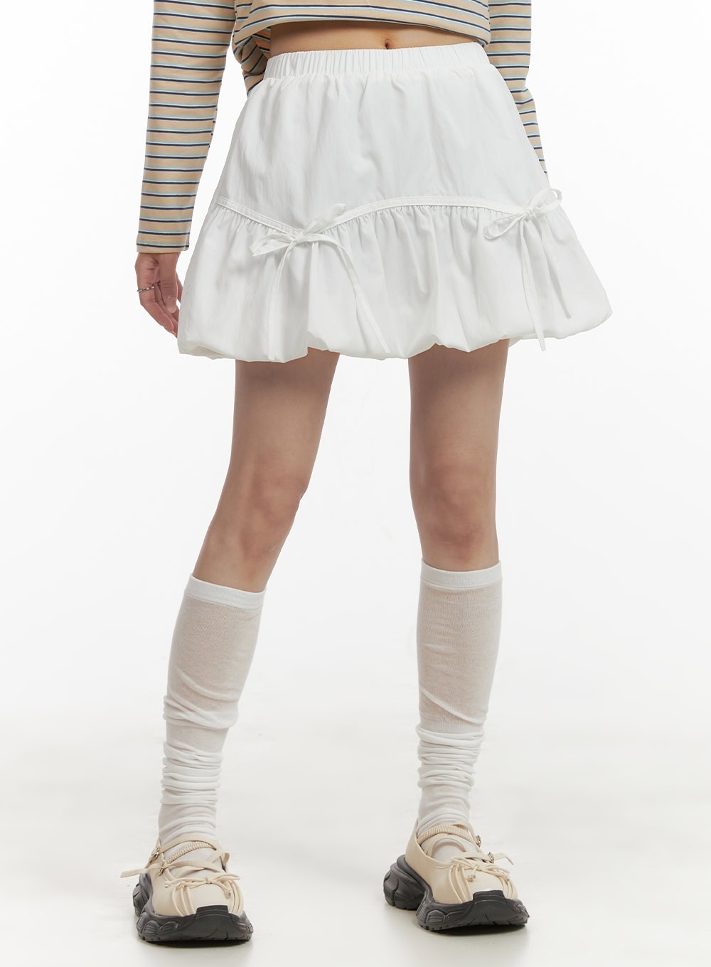ribbon-band-bubble-mini-skirt-cy407 / White