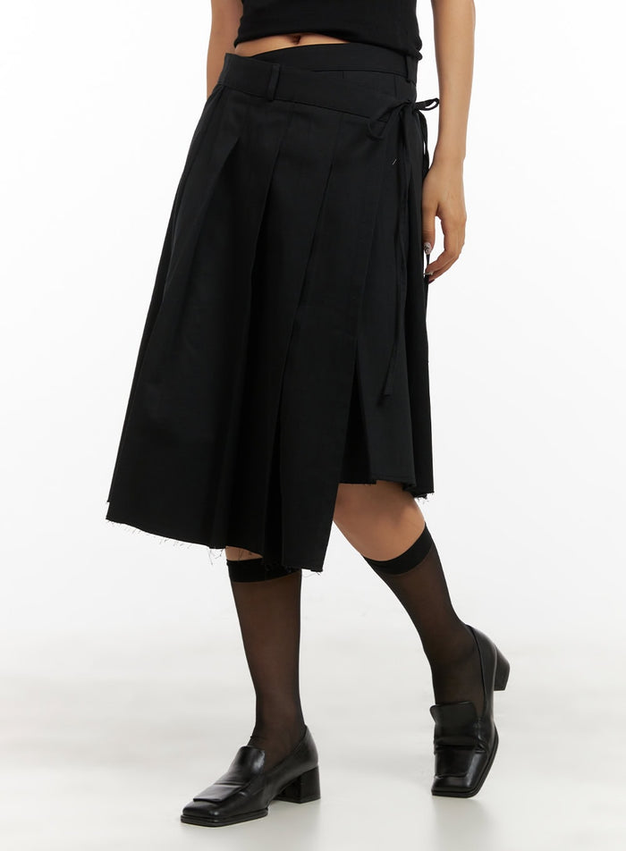 ribbon-wrap-pleated-midi-skirt-cy403 / Black