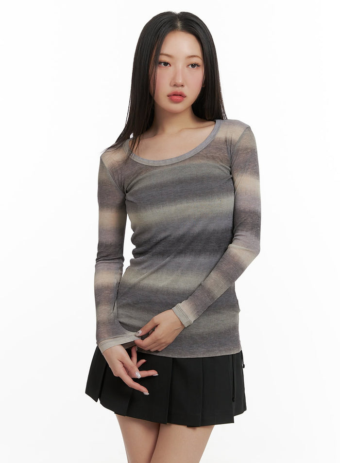 sheer-gradient-stripe-long-sleeve-cy403 / Dark gray
