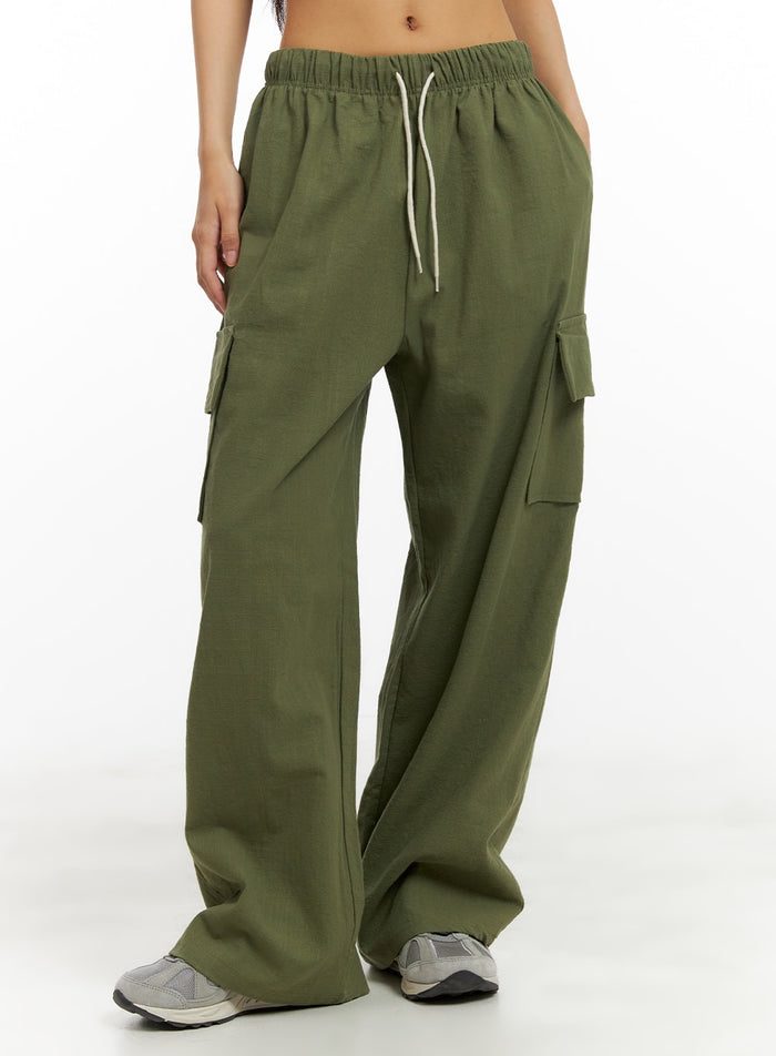 cargo-wide-leg-banded-pants-ca423 / Dark green