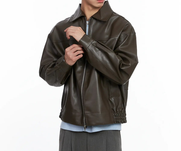 Men's Classis Faux Leather Zip-Up Jacket Is519 - Korean Men's
