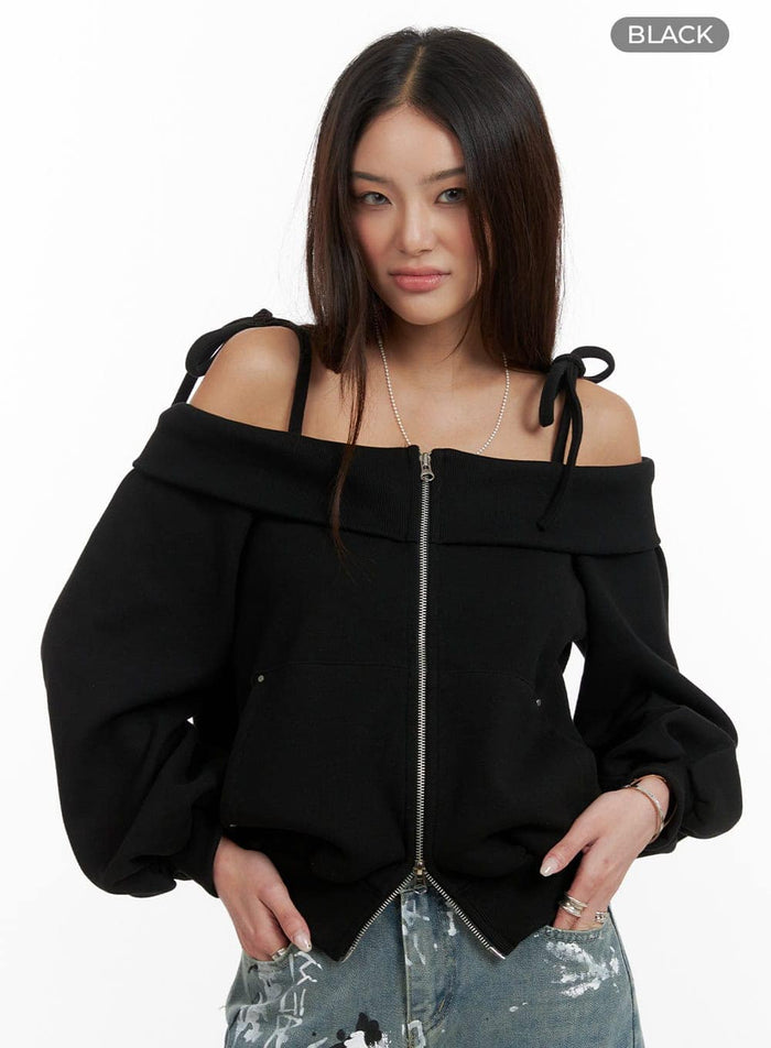 off-shoulder-strap-zip-up-sweatshirt-ca430 / Black
