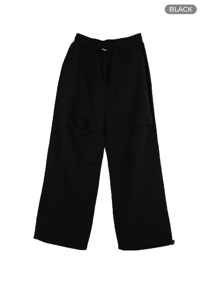 banding-waist-nylon-wide-trousers-om426 / Black