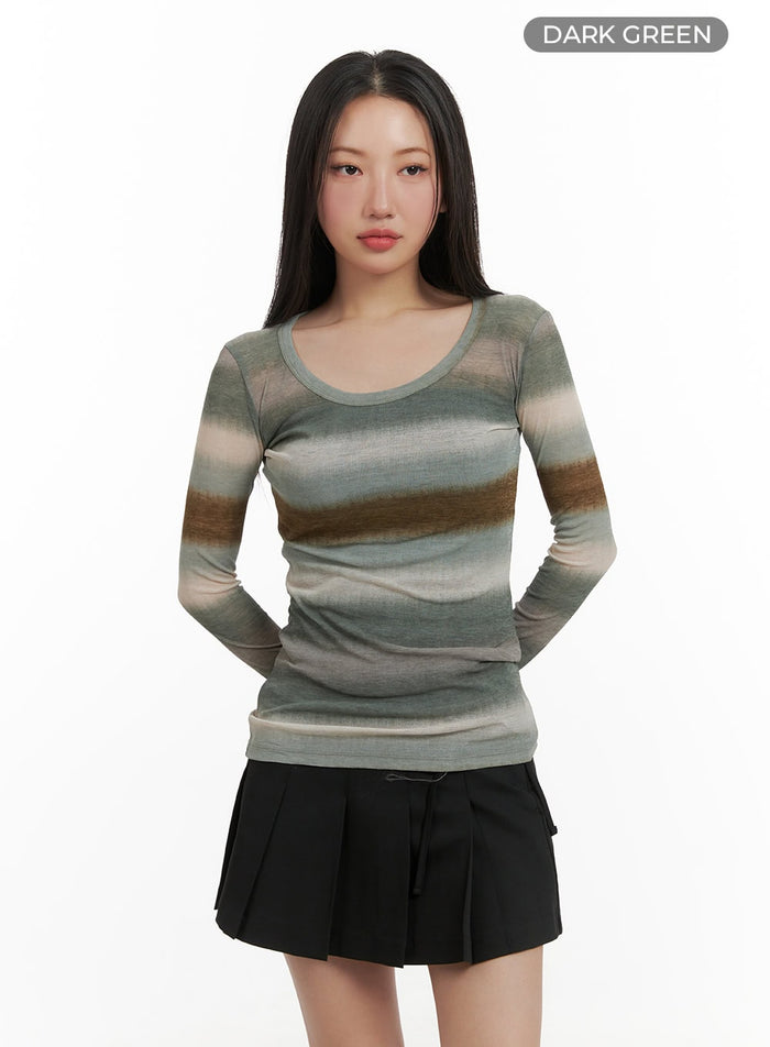 sheer-gradient-stripe-long-sleeve-cy403 / Dark green