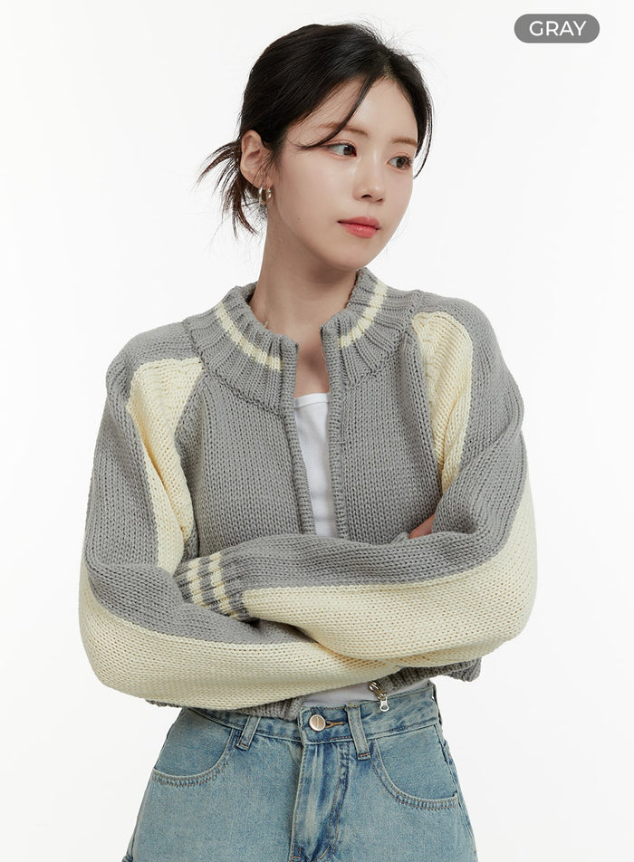 crop-color-block-zip-up-sweater-oa405 / Gray