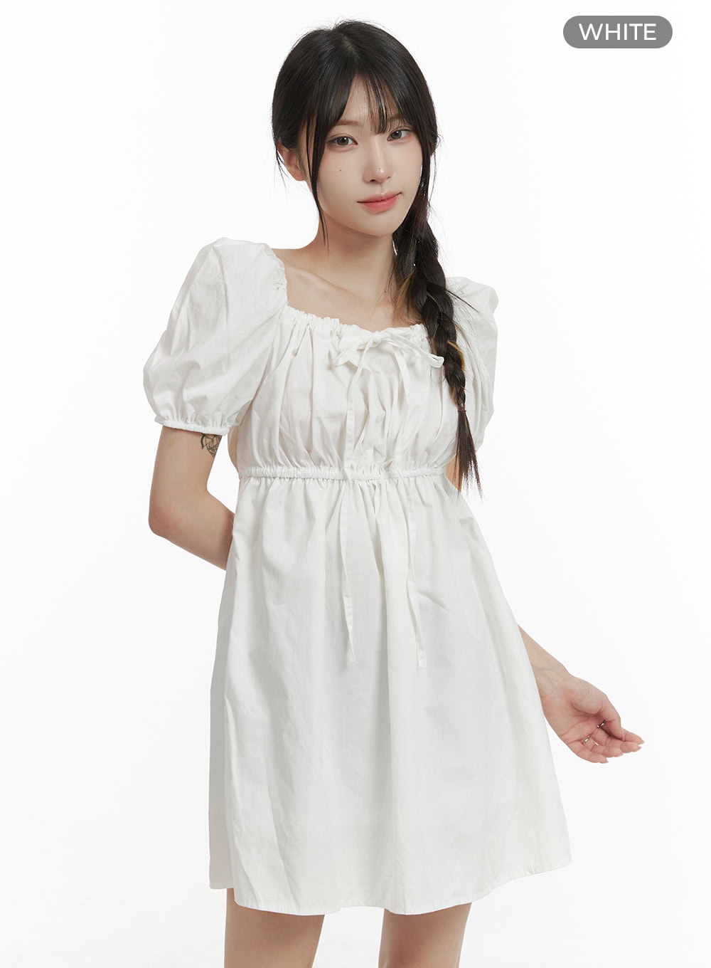 puff-sleeve-shirred-mini-dress-oa426 / White