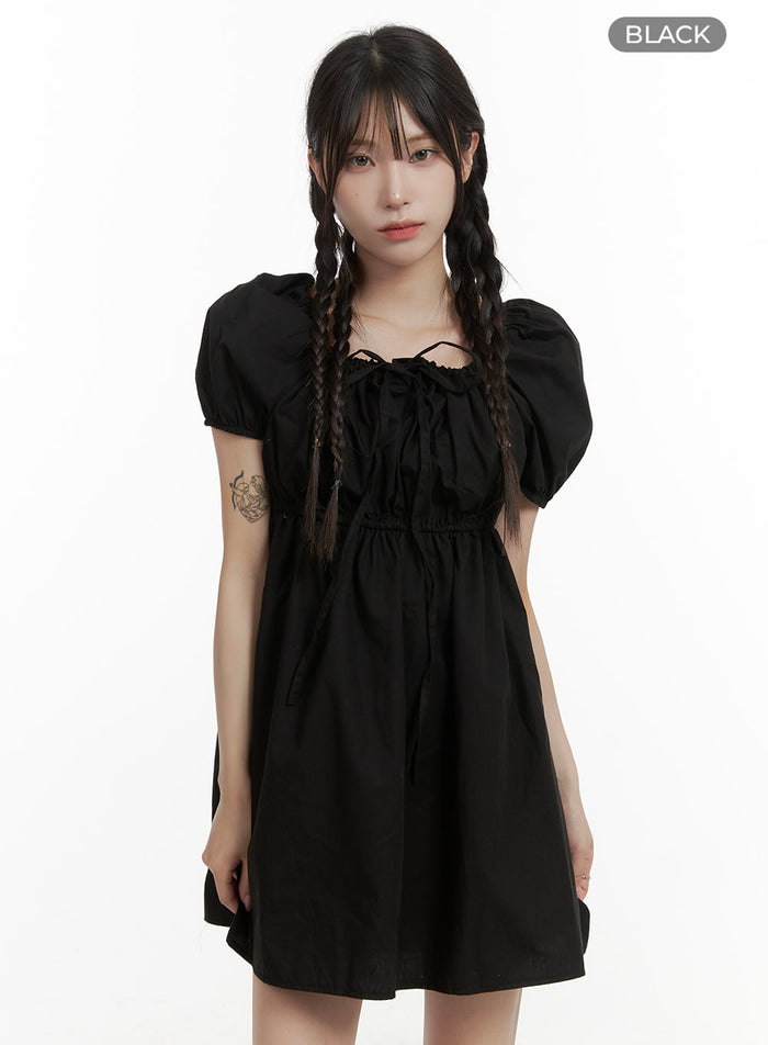 puff-sleeve-shirred-mini-dress-oa426 / Black