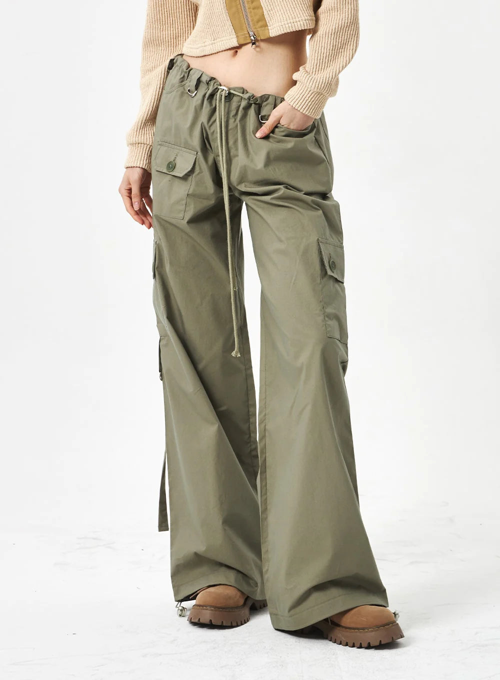 Womens Parachute Pants Cargo Trousers Elastic Waist Wide Leg Track