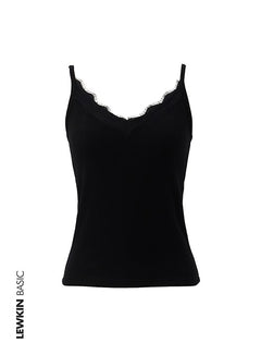 LEWKIN Basic Lace Cami IG320 in black, front flat product shot with LEWKIN BASIC branding, slim-fit camisole with scalloped lace V-neckline and thin straps, cotton-blend ribbed fabric.