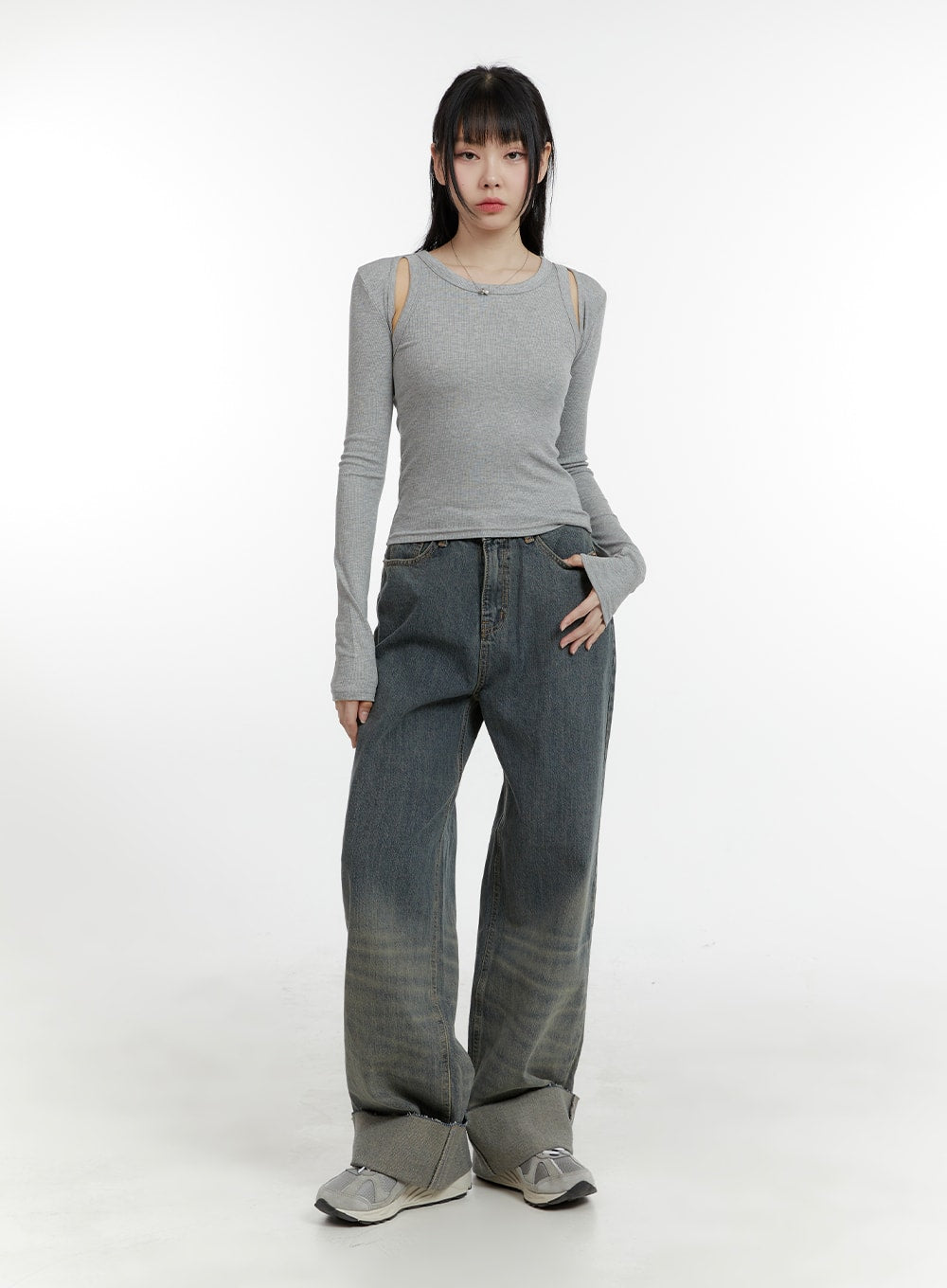 LEWKIN Washed Straight Leg Roll-Up Jeans CA401 in blue, full-length front shot on model, wide-fit washed denim with rolled-up hem, paired with grey cutout long-sleeve top and sneakers.