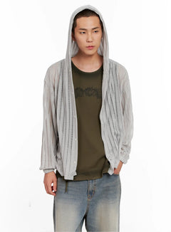 LEWKIN Men's Ribbed Knit Sweater IG511 in light grey, front close-up on model with hood up, sheer open-knit stripe texture, button front, layered over olive graphic tee with blue jeans.