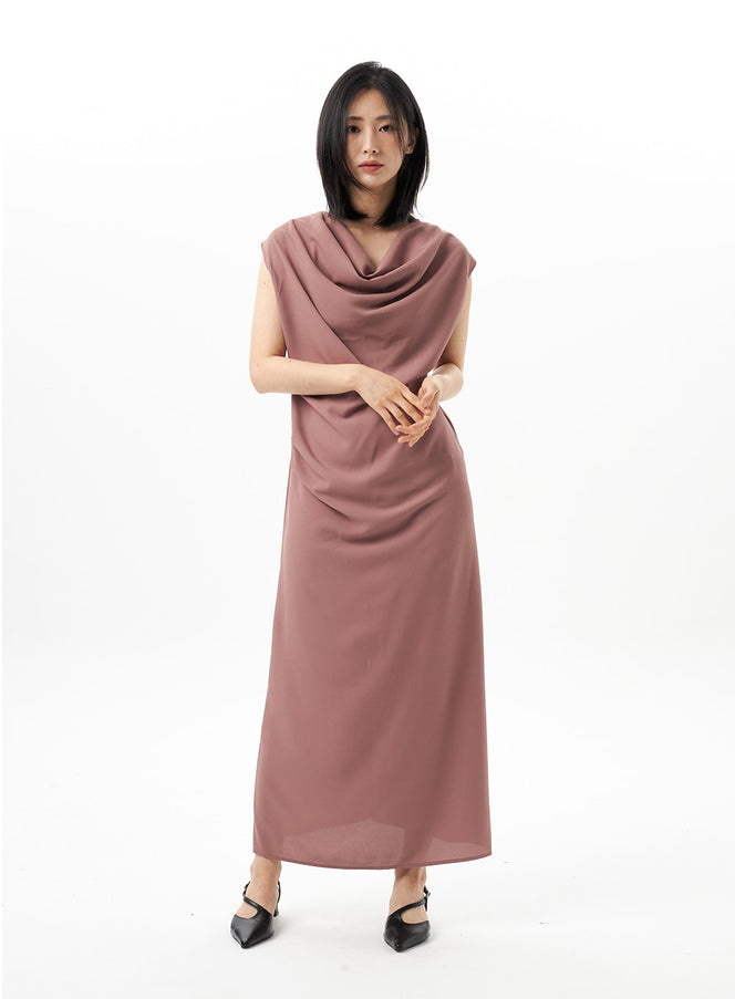 LEWKIN Cowl Neck Maxi Dress OU314 in dark pink, full-length front view on model, draped cowl neckline, sleeveless polyester silhouette, waist shirring detail, paired with black Mary Jane heels.