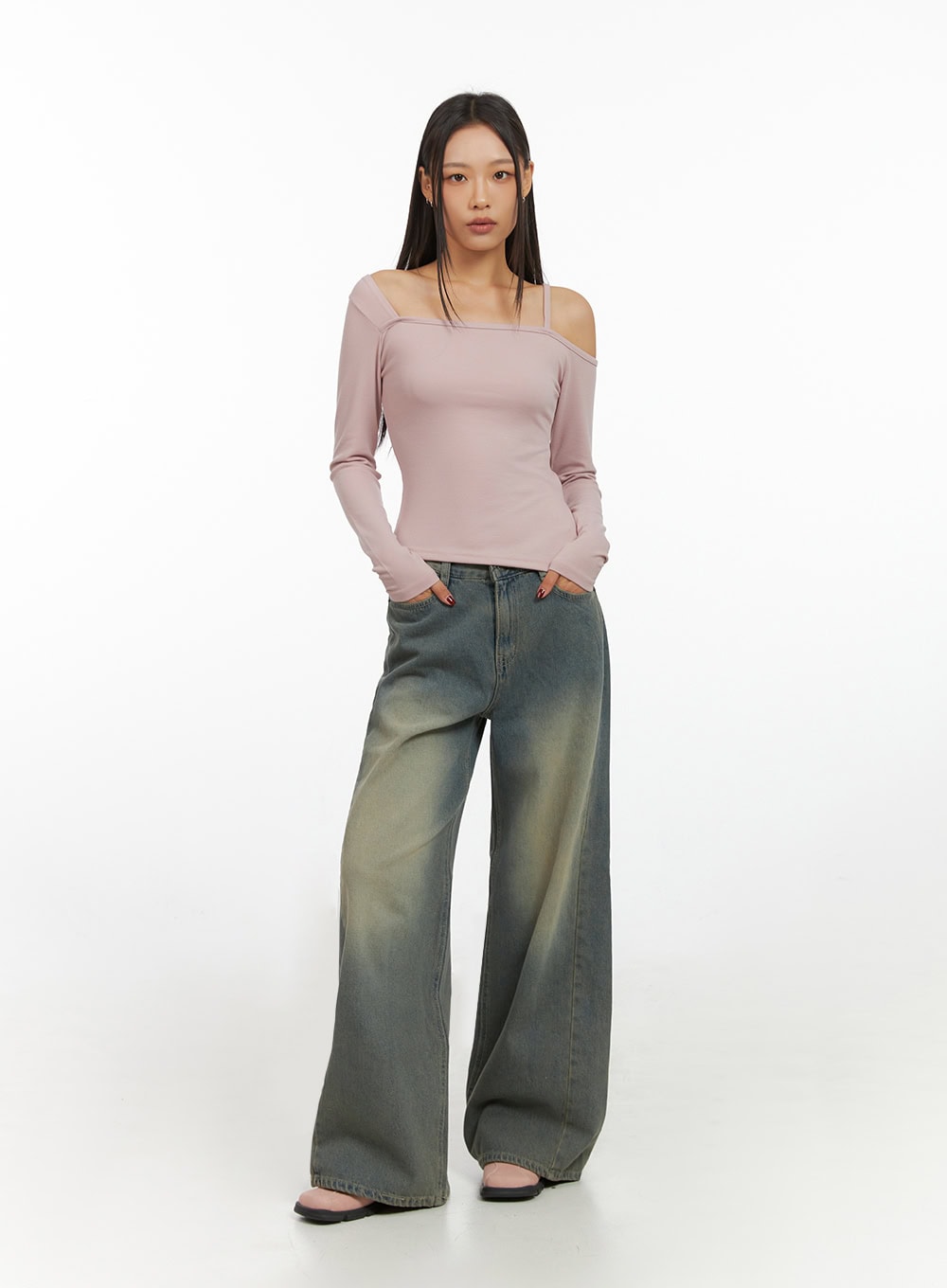LEWKIN Inez Washed Denim Wide Leg Jeans IS427 in vintage green, full-length front view on model, wide cotton denim with faded wash, paired with dusty pink off-shoulder top.