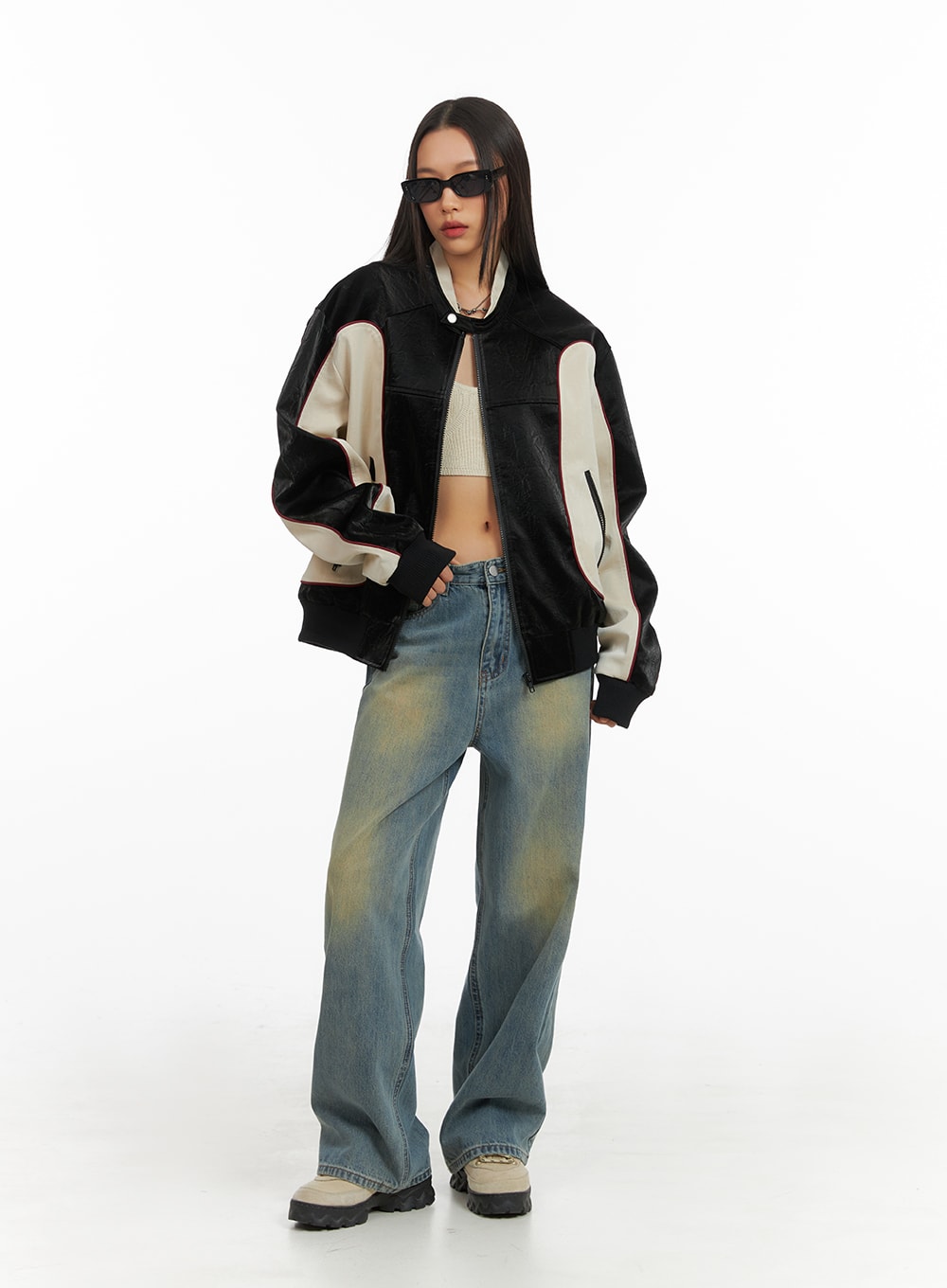 LEWKIN Washed Denim Wide Leg Jeans IA417 in blue, full-length front on model, wide cotton denim with yellow-tinted wash, paired with colorblock leather bomber jacket.
