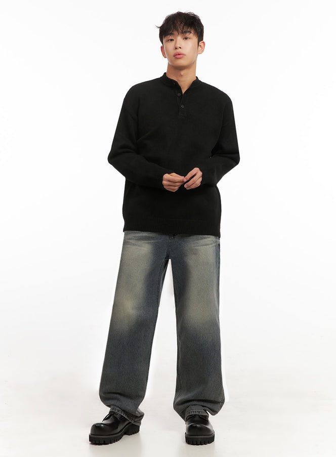 LEWKIN Men's Washed Straight-Leg Denim Jeans ID431 in washed grey, front full-body on model, wide straight leg with vintage fade, paired with black henley knit and chunky loafers.