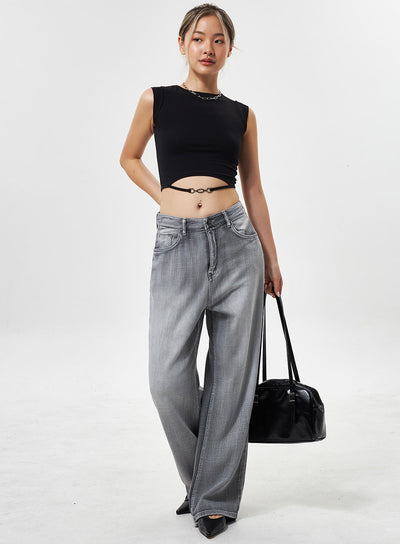 LEWKIN Mid-Rise Wide Leg Jeans CY330 in grey, full-length front shot on model, faded wide-leg cotton denim, paired with black crop top and black bag.