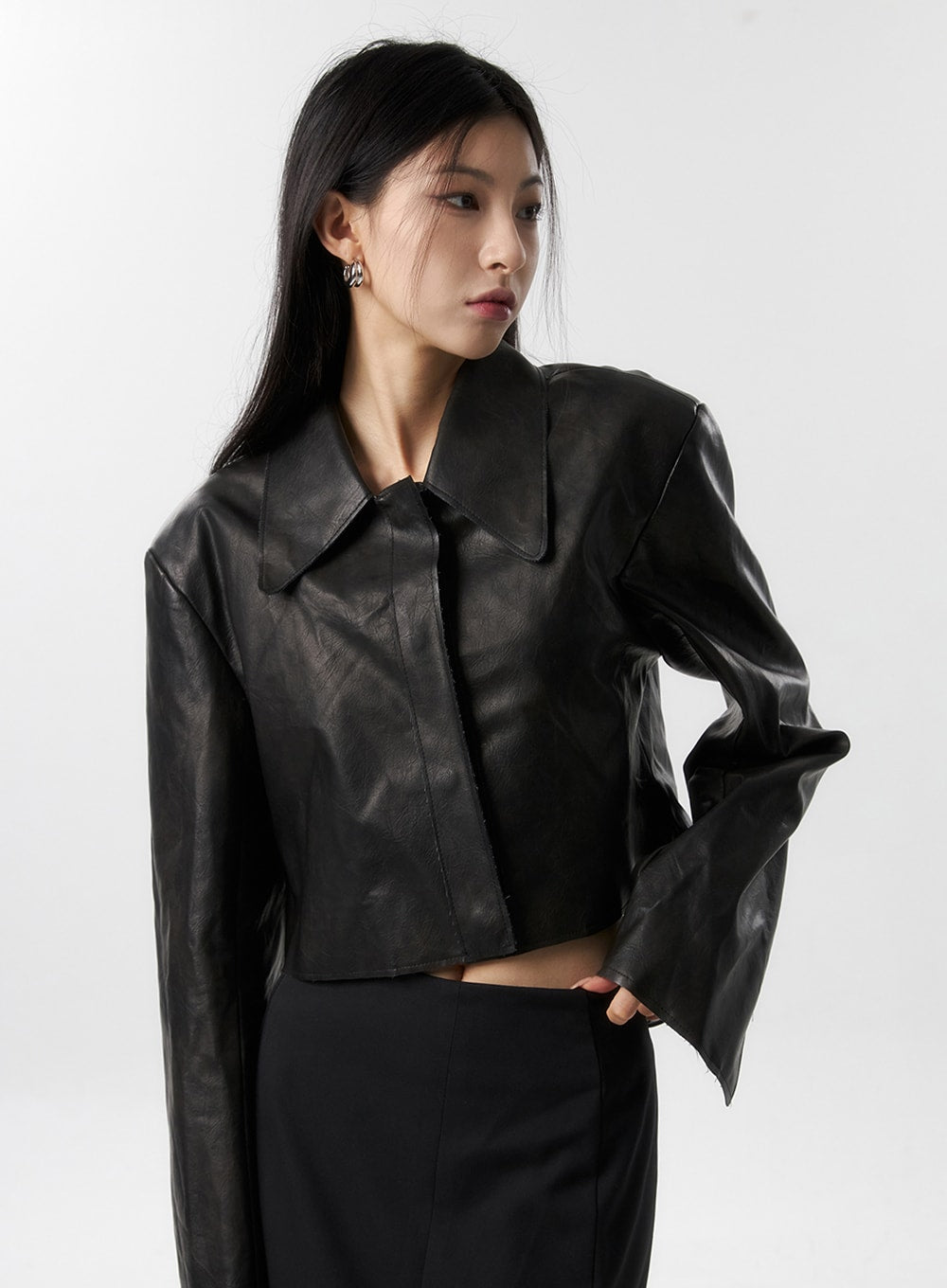 Faux Leather Crop Jacket IS315 - Korean Women's Fashion | LEWKIN