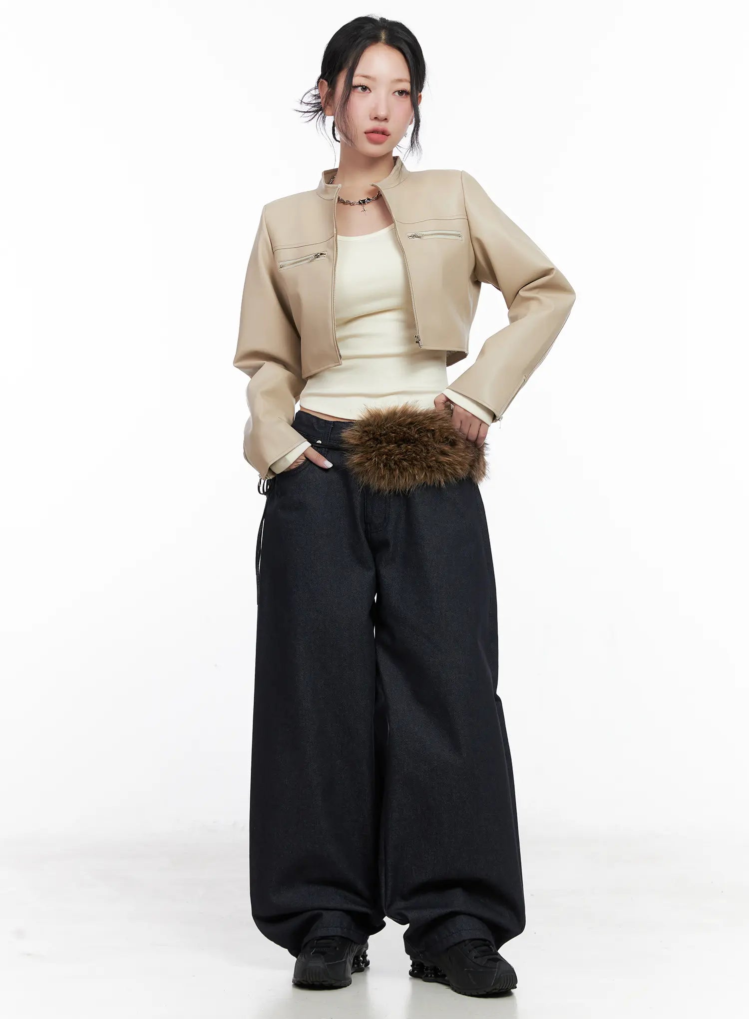 LEWKIN Solana Unwashed Wide-Leg Jeans CN514 in dark indigo, full-body front on model, super wide-leg silhouette pooling at hem, styled with beige cropped jacket and fur belt bag.