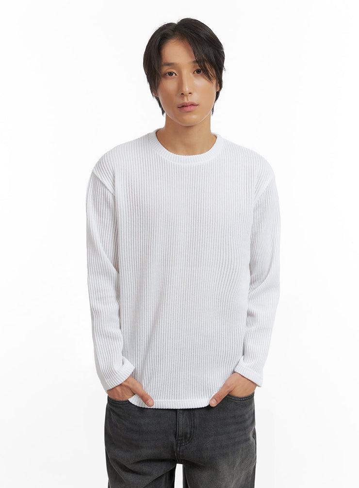 mens-ribbed-round-neck-long-sleeve-tee-io402 / white