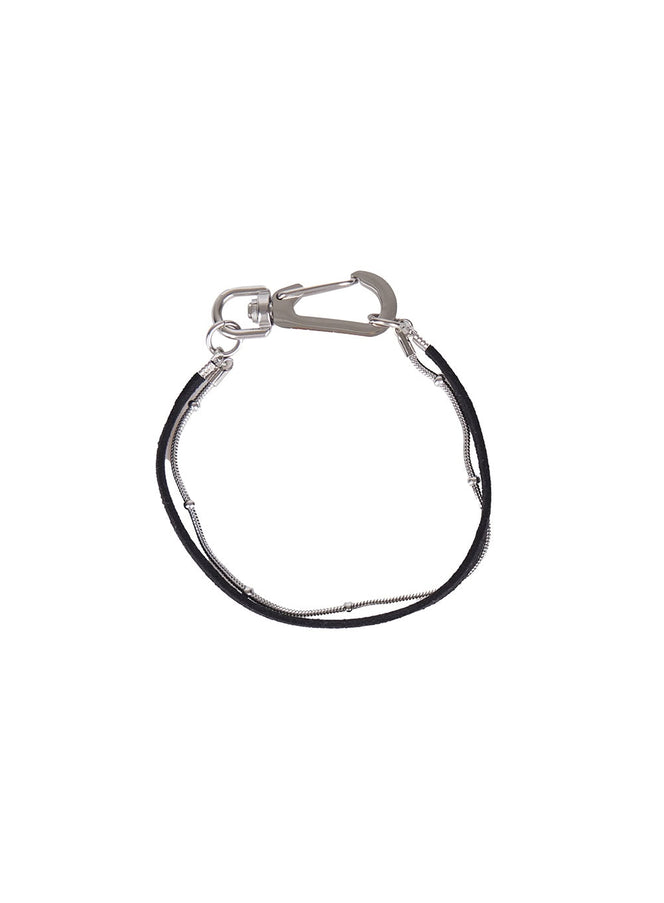 LEWKIN Men's Double Layered Bracelet IU503 in black and silver, flat product shot showing double-strand design with snake chain, black cord, and silver carabiner clasp closure.