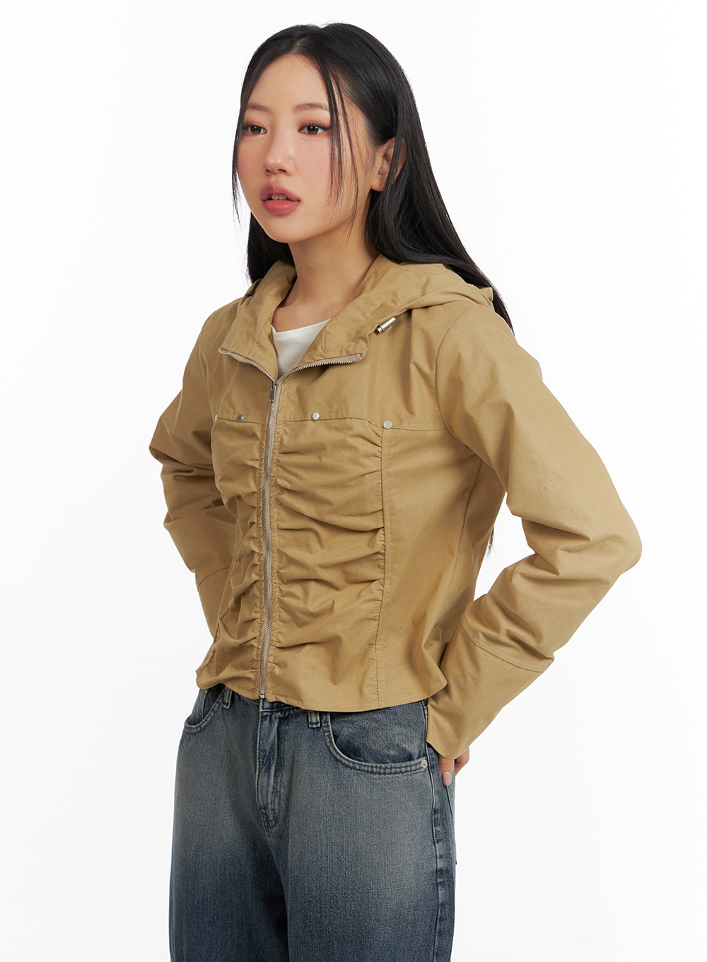 Shirring Hooded Zip-Up Bomber Jacket CF408 - Acubi style | LEWKIN