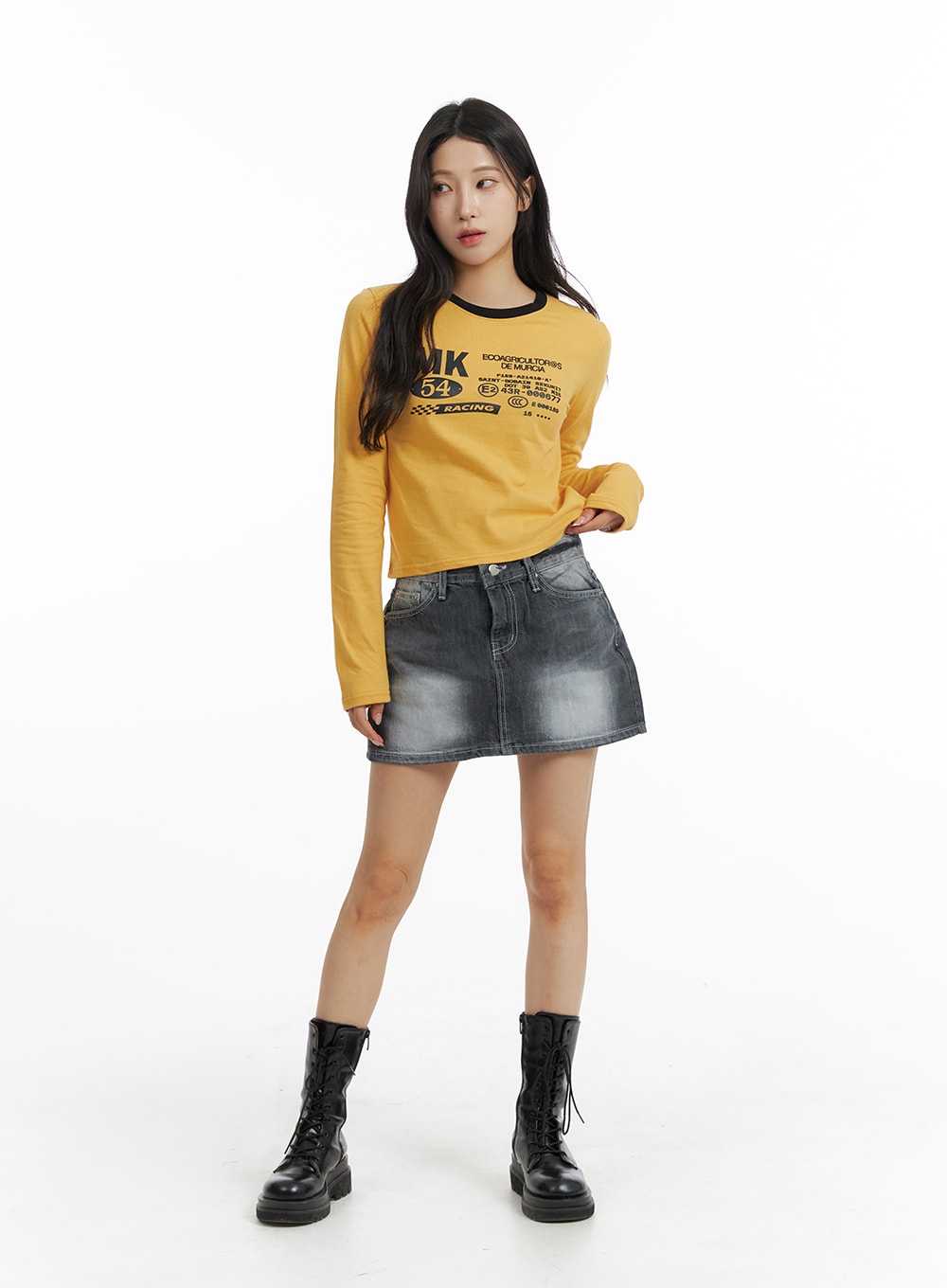 Front Slit Denim Skirt - Yellow - Pomelo Fashion