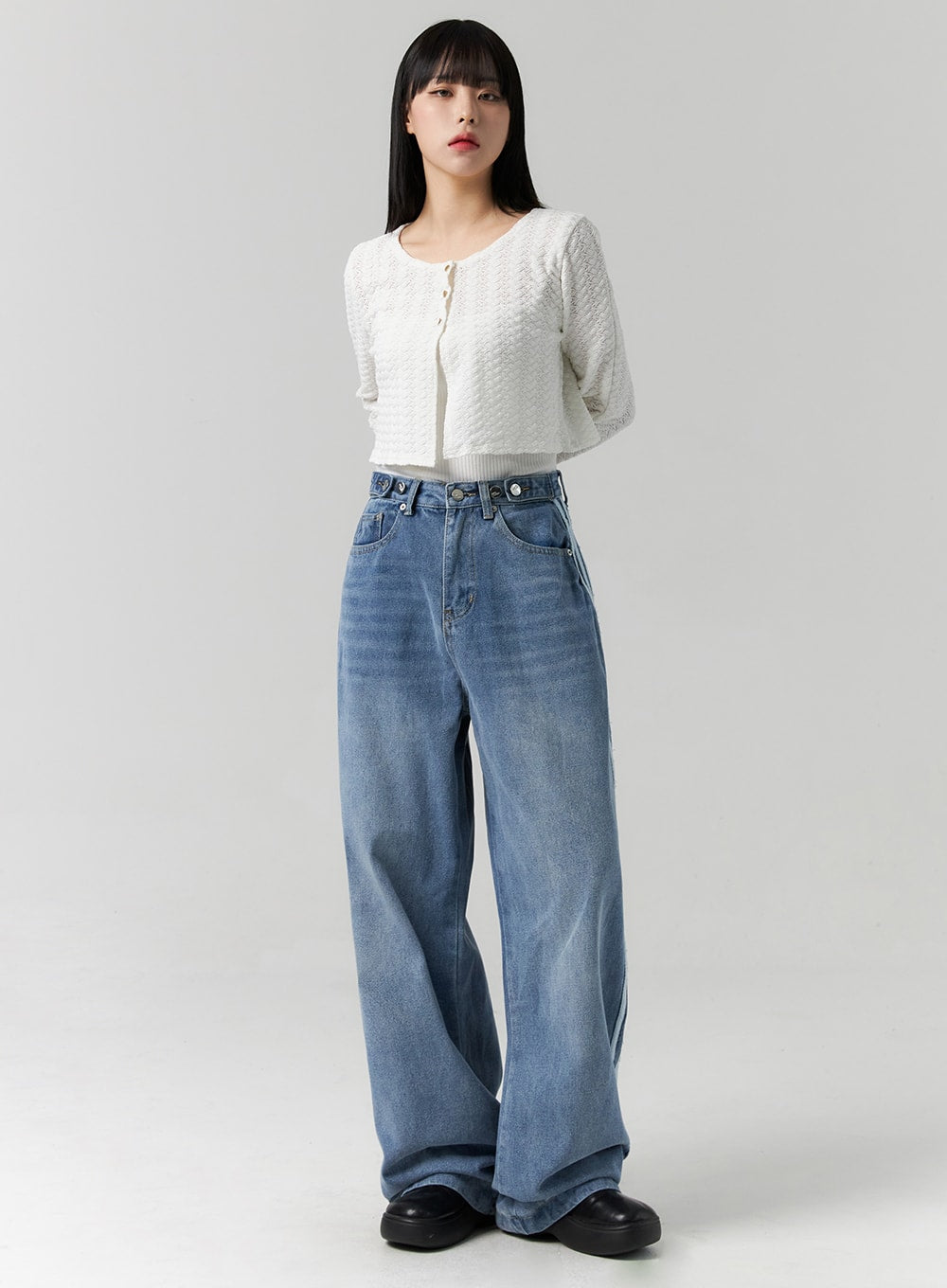 LEWKIN Side Stripes Wide Leg Jeans CS314 in blue, full-length front view on model, washed cotton denim with high waist, paired with white textured cropped cardigan and black chunky shoes.