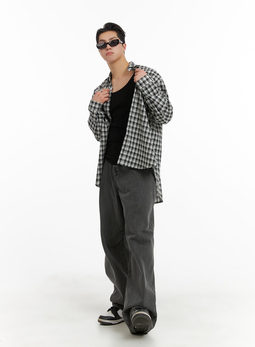 LEWKIN Men's Classic Baggy Fit Jeans IA401 in washed grey, full-length front shot on model, wide-leg silhouette, paired with plaid overshirt and black tank, sneakers.