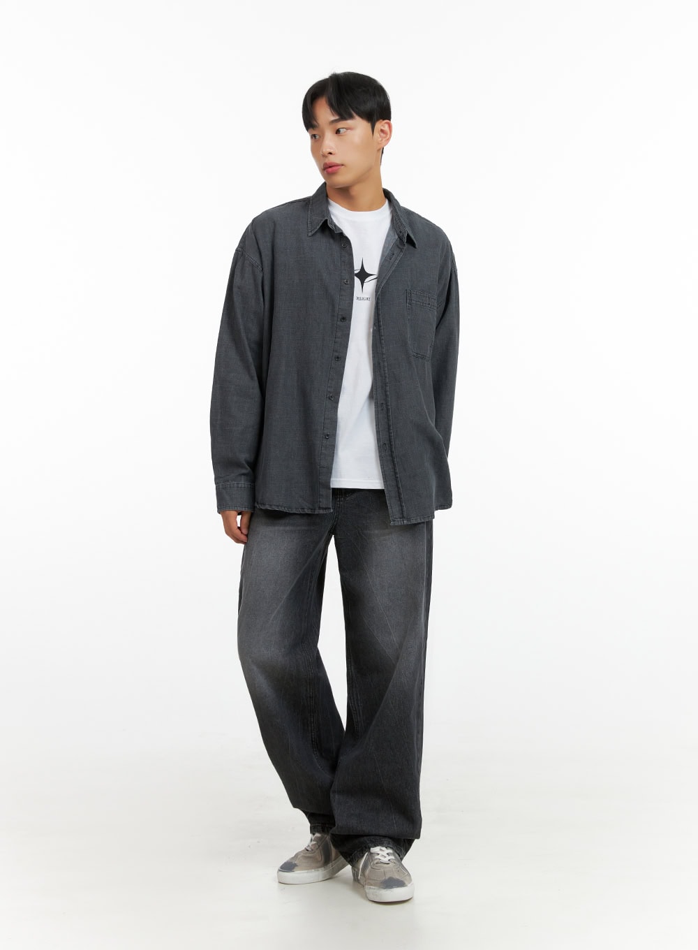 LEWKIN Men's Loose Fit Straight Jeans IU412 in washed black, full-length front view on model, wide straight leg with faded wash, styled with grey denim shirt and white graphic tee, sneakers.