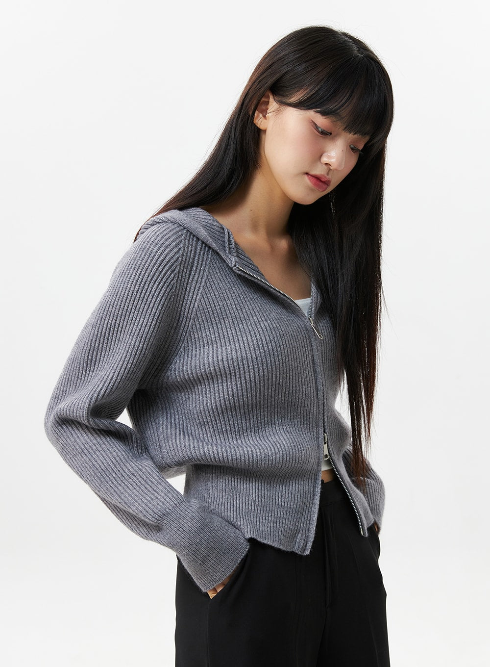 Hoodie Zip-Up Knit Sweater OS305 - Korean Women's Fashion | LEWKIN