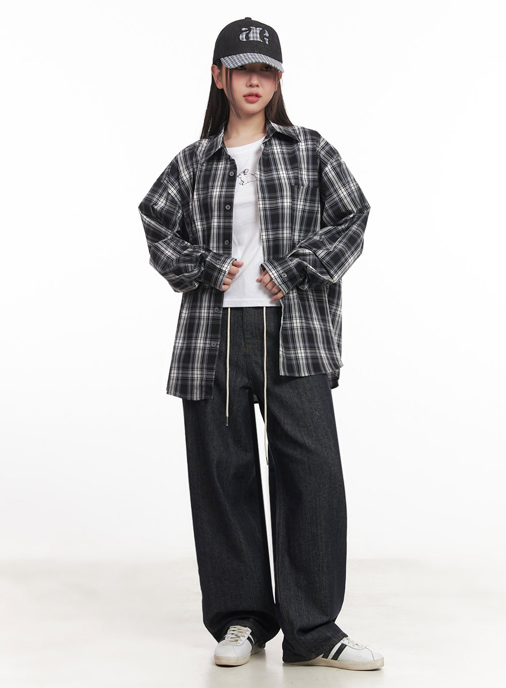 Kirsten String Wide-Leg Summer Denim Jeans IM528 in dark blue, full-length front view on model, wide-fit cotton denim with cream string, layered under oversized plaid shirt and graphic tee.