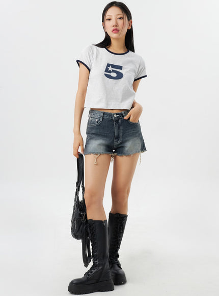 Mid-Rise Ripped Denim Shorts CY315