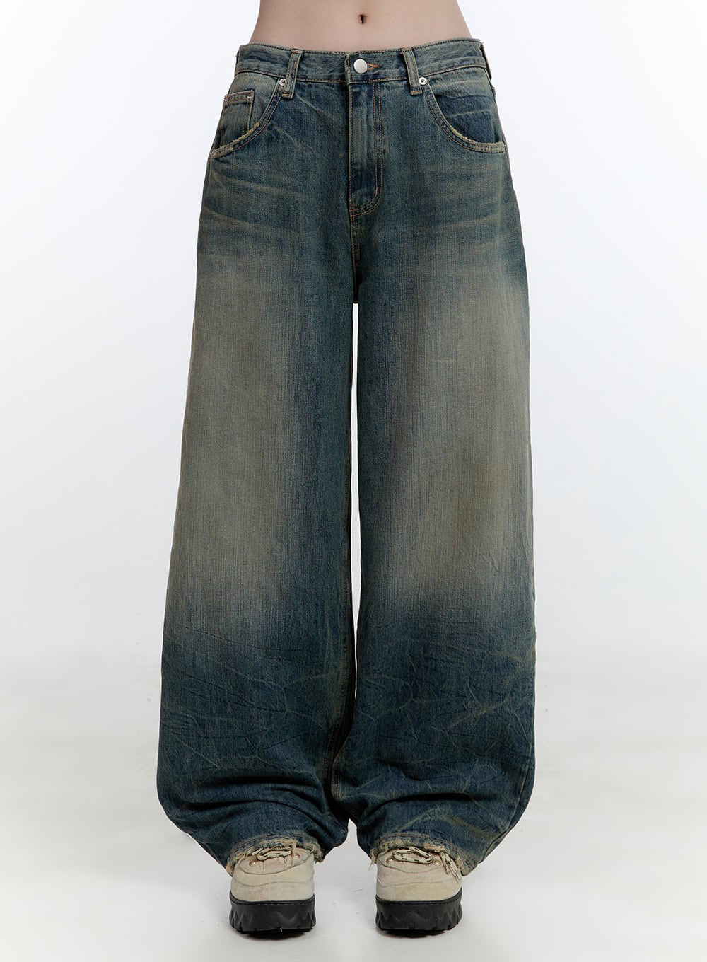 LEWKIN Danielle Vintage Washed Baggy Jeans CJ522 in blue, front product shot, wide-fit cotton denim with heavy vintage wash, frayed hem pooling over chunky sneakers.