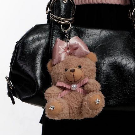 ribbon-fluffy-teddy-bear-keychain-io527 / Dark brown
