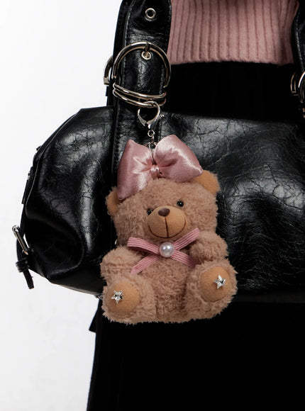 ribbon-fluffy-teddy-bear-keychain-io527 / Dark brown