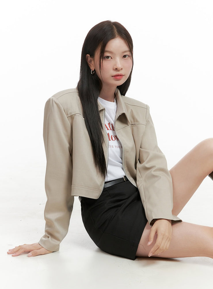 zip-up-solid-crop-jacket-og419 / Beige