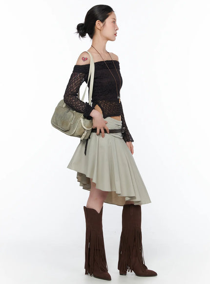 asymmetrical-flare-midi-skirt-ca524 / Beige
