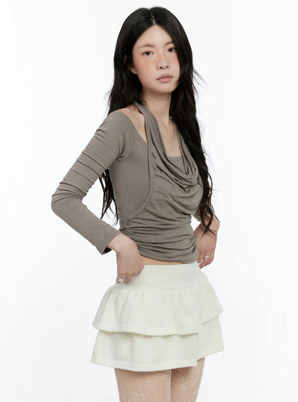 draped-halter-layered-long-sleeve-top-cn517 / Beige