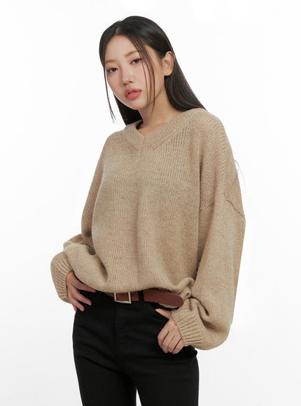 cozychic-wool-blend-v-neck-sweater-in415 / Beige