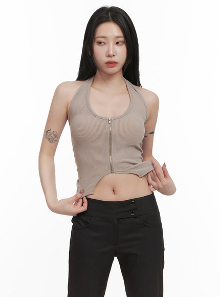 zip-up-halter-neck-crop-top-cj516 / Beige