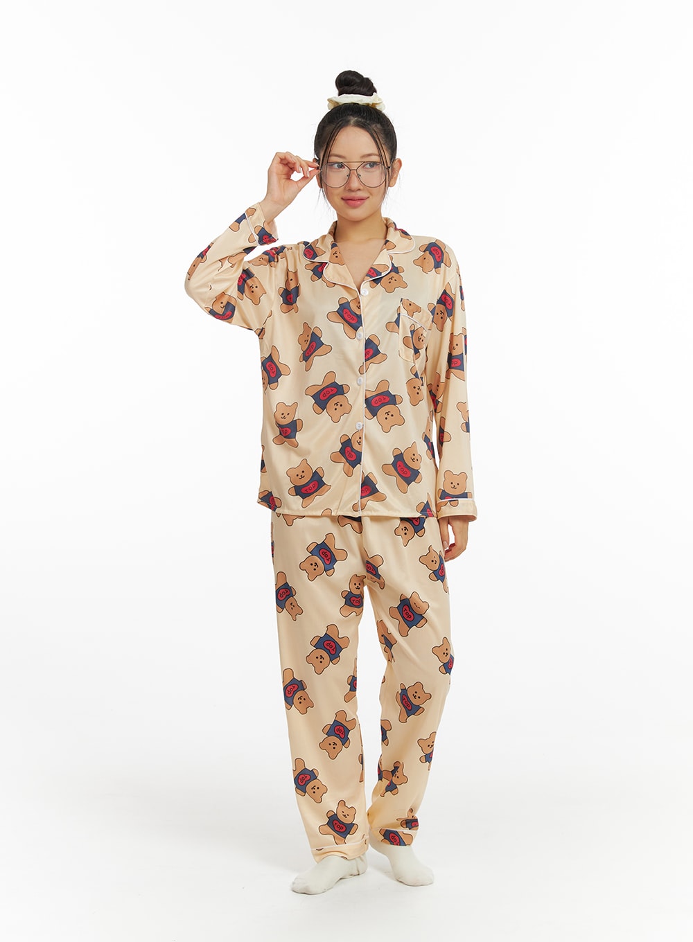 teddy-graphic-buttoned-pajama-set-if421 / Beige