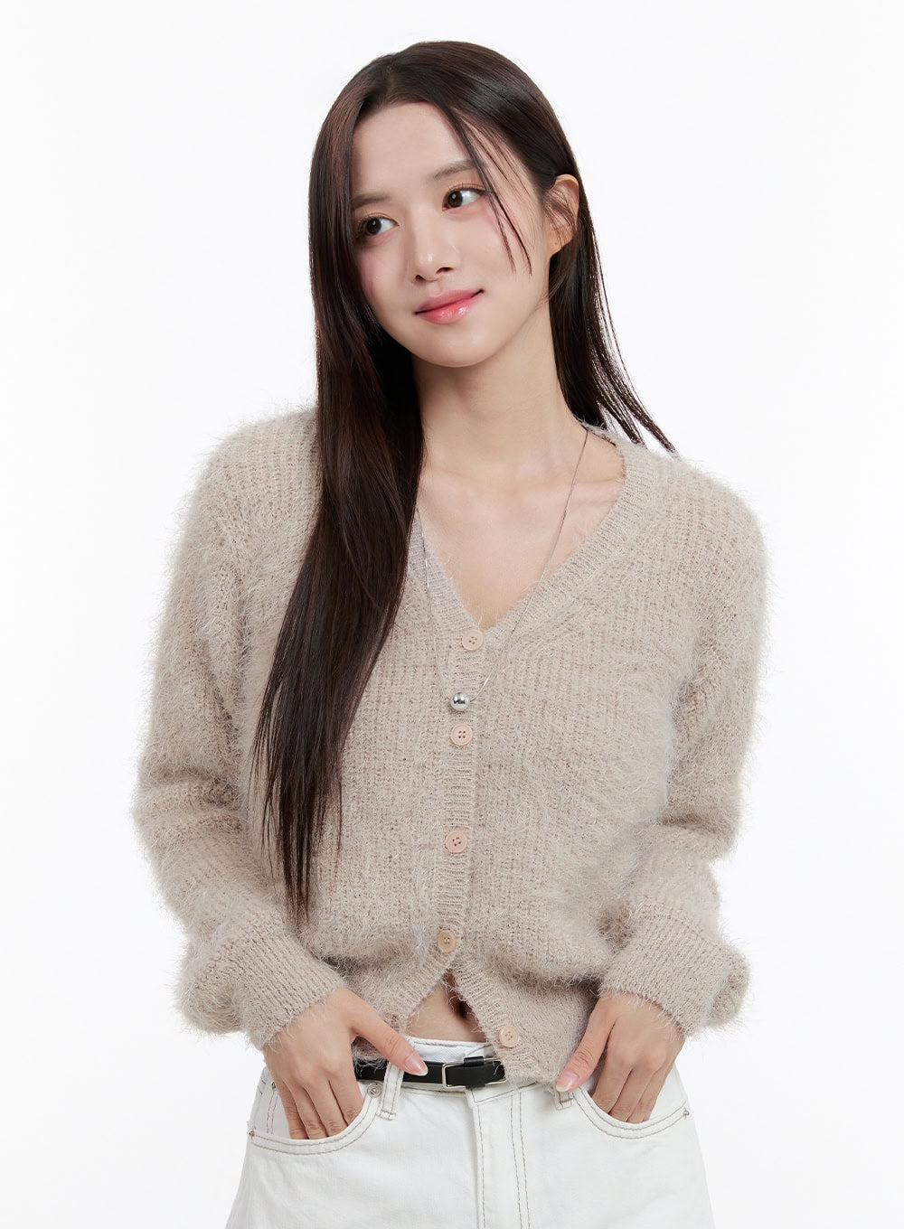 fuzzy-v-neck-cardigan-og429 / Beige