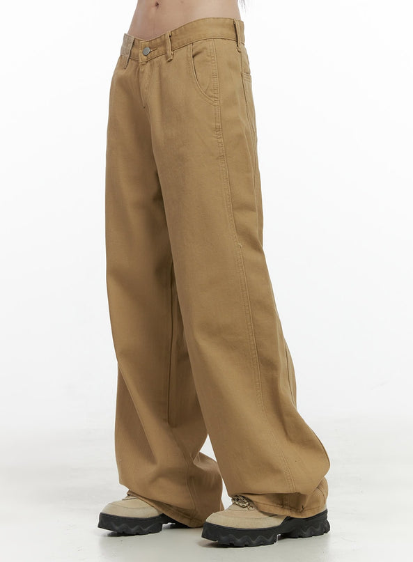 solid-wide-leg-cotton-work-pants-oo401 / Beige