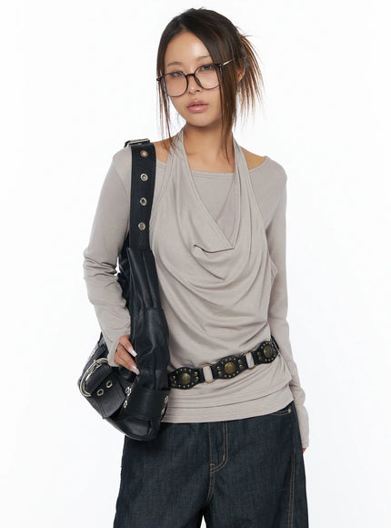 layered-long-sleeve-halter-top-ca516 / Beige