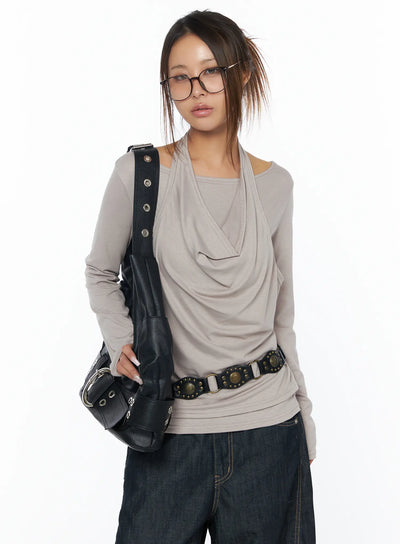 layered-long-sleeve-halter-top-ca516 / Beige